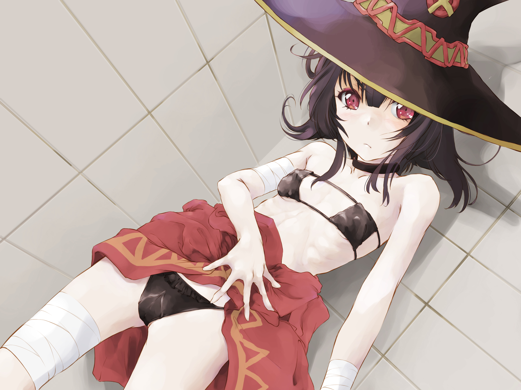 marutaya, megumin, kono subarashii sekai ni shukufuku wo!, commentary request, highres, 1girl, bandaged arm, bandaged leg, bandaged wrist, bandages, black bra, black choker, black hair, black panties, bra, breasts, choker, closed mouth, clothes pull, collarbone, dress pull, hat, large hat, looking at viewer, lying, medium hair, on back, on floor, panties, petite, red eyes, small breasts, solo, strapless, strapless bra, tile floor, tile wall, tiles, underwear, witch hat