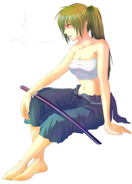 saeki poteri, sonozaki mion, higurashi no naku koro ni, resized, 1girl, arm support, bandages, barefoot, cigarette, green hair, katana, long hair, midriff, pink eyes, pixiv thumbnail, ponytail, sarashi, sitting, smoking, solo, sword, weapon
