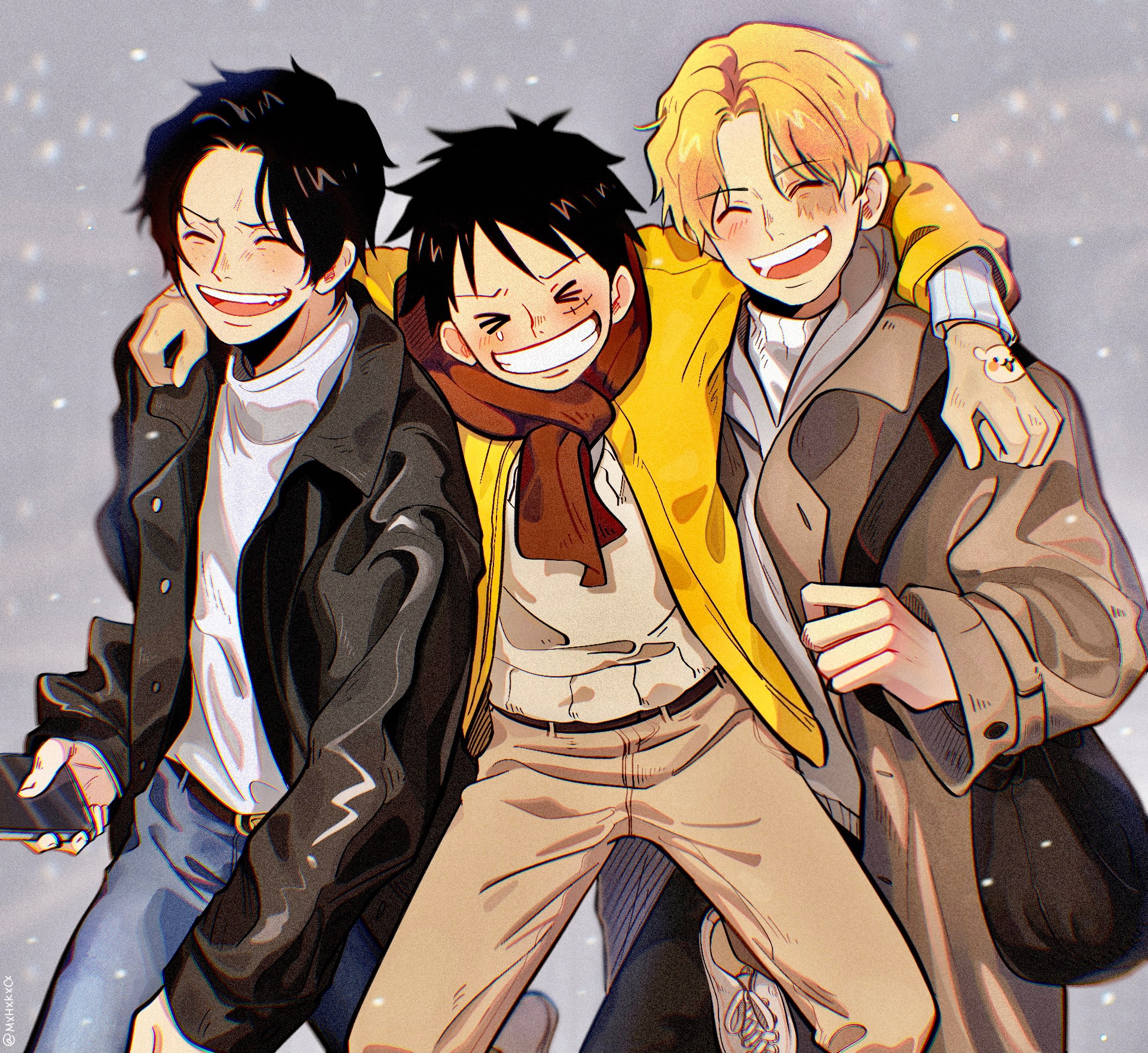 mxhxkxcx, monkey d. luffy, portgas d. ace, sabo (one piece), one piece, highres, > <, 3boys, arm around shoulder, black bag, black hair, black jacket, blonde hair, brown coat, coat, contemporary, freckles, gloves, grin, holding, holding phone, jacket, male focus, multiple boys, open mouth, phone, red scarf, scar, scar on face, scarf, short hair, sleeves past wrists, smile, snowing, sweater, white sweater, winter, yellow jacket