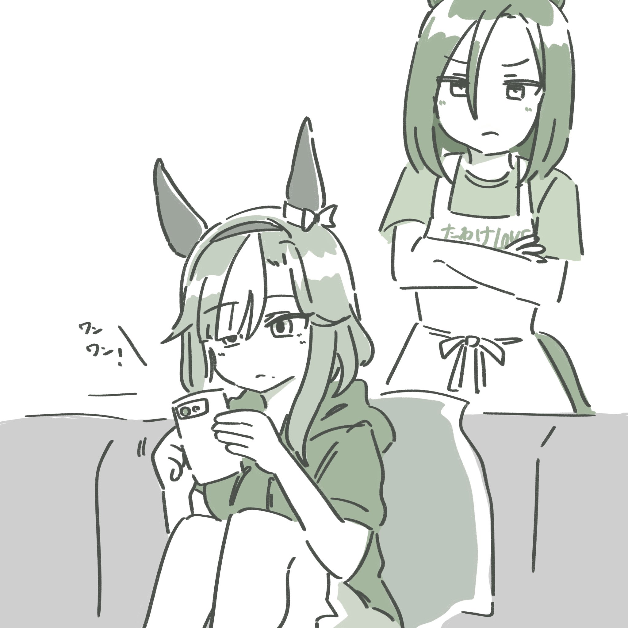 admire groove (umamusume), air groove (umamusume), umamusume, highres, translation request, 2girls, animal ears, apron, casual, closed mouth, couch, crossed arms, hair between eyes, hair ornament, hairband, hood, hood down, hooded jacket, horse ears, itota (taikoubou), jacket, medium hair, multiple girls, sitting