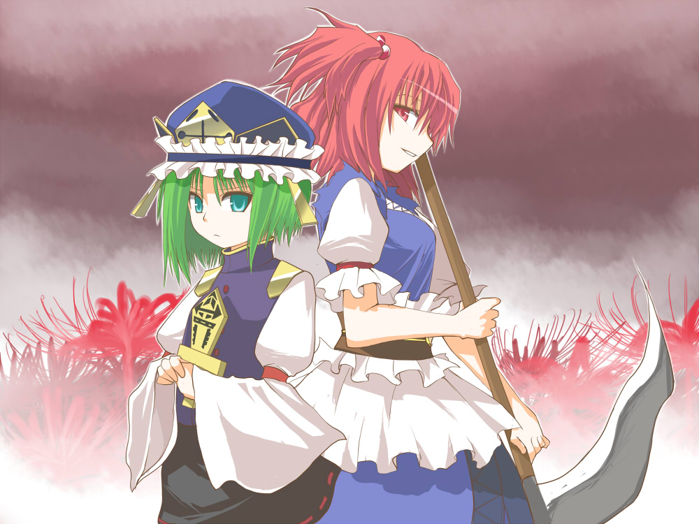 hane (hanegoya), onozuka komachi, shiki eiki, touhou, 2girls, female focus, flower, green eyes, green hair, multiple girls, red eyes, red flower, red hair, rod of remorse, scythe, spider lily