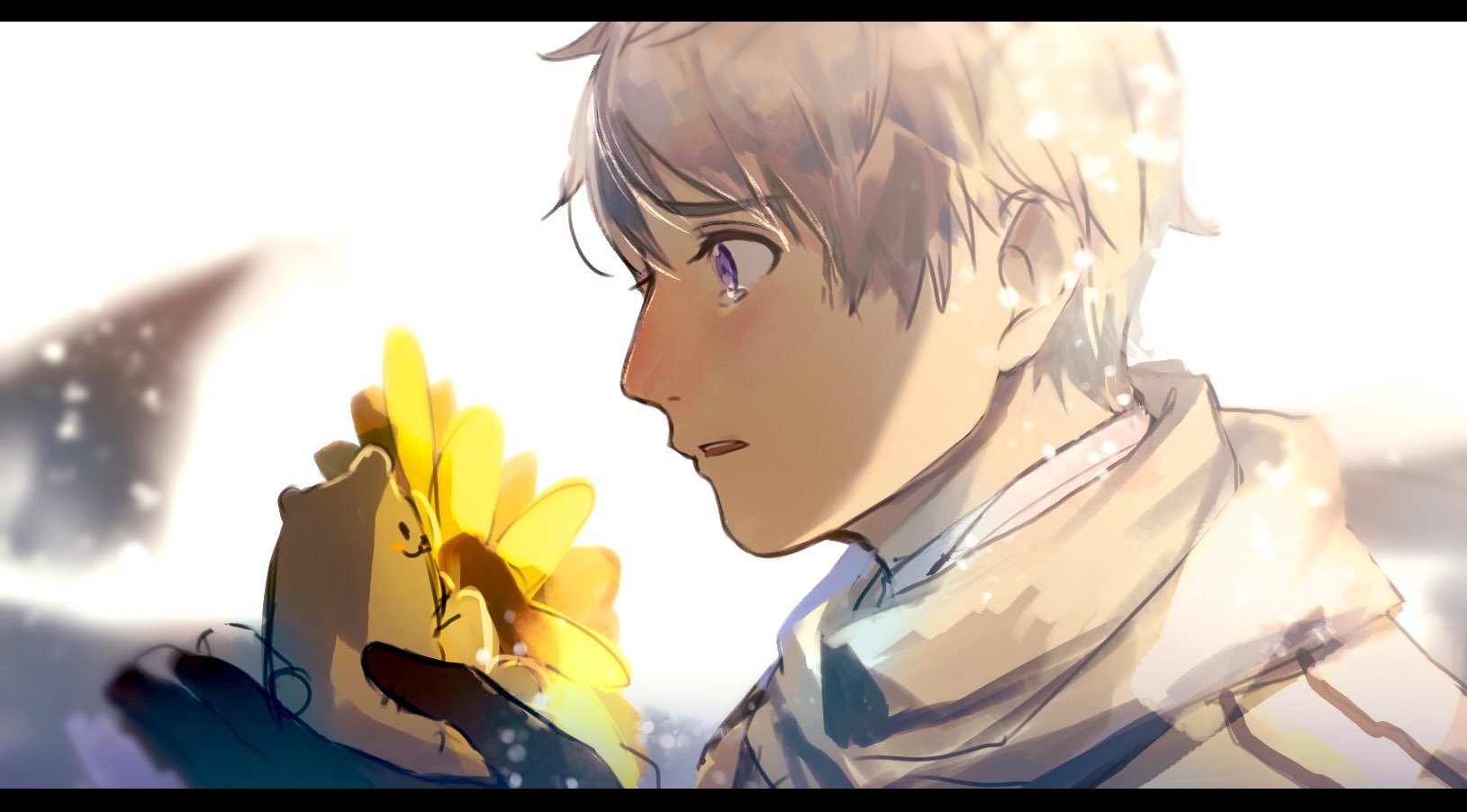 nijuurokucha, russia (hetalia), axis powers hetalia, commentary request, highres, 1boy, animal, animal ears, bandaged neck, bandages, black border, black gloves, blush, border, coat, flower, gloves, grey hair, hamster, hamster ears, hands up, holding, holding animal, looking at animal, male focus, open mouth, purple eyes, sad, scarf, short hair, simple background, sunflower, tearing up, teeth, upper body, white background, white coat, white scarf, yellow flower