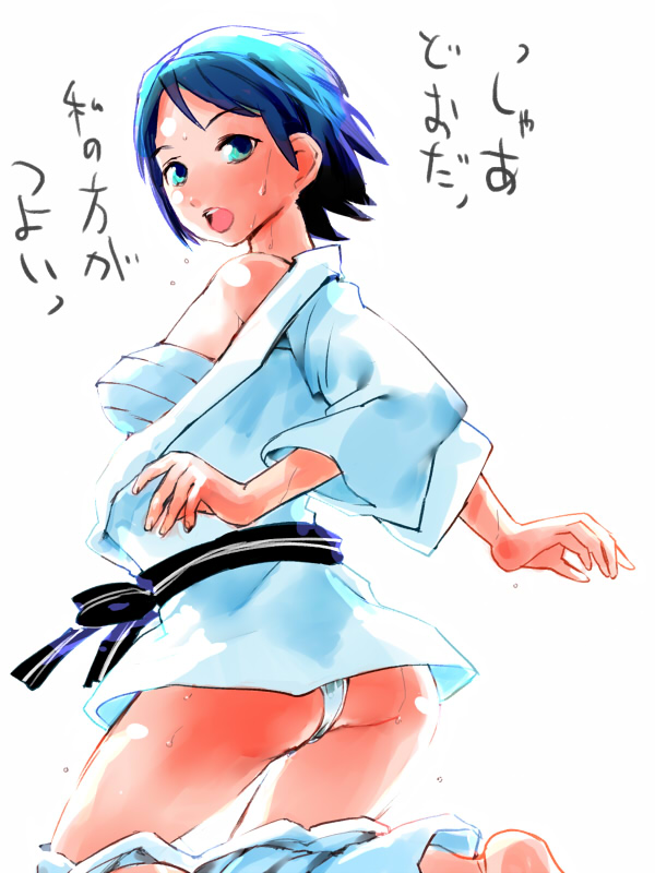 igarashi mangou, 1girl, ass, bandages, blue eyes, blue hair, blue kimono, blush, female focus, fundoshi, japanese clothes, kimono, open clothes, panties, sarashi, short hair, solo, sweat, underwear, yukata
