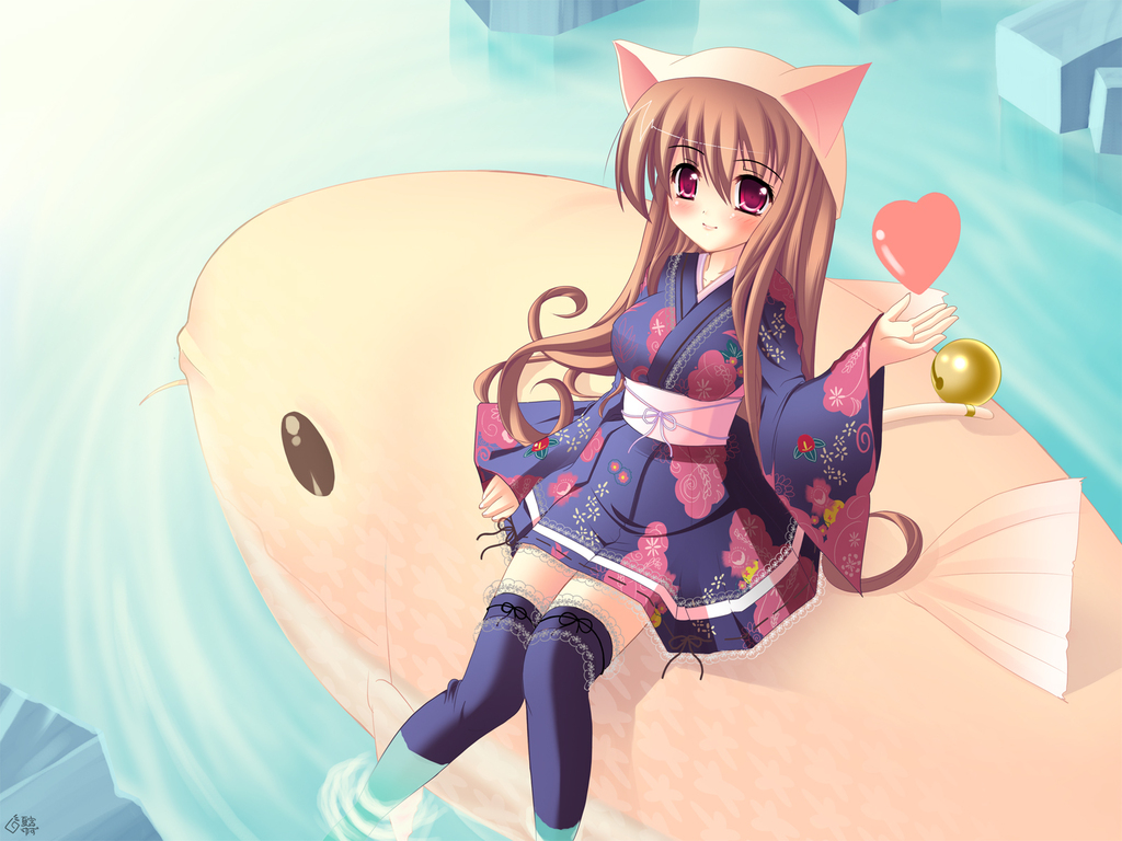 animal ears, brown hair, fish, japanese clothes, pink eyes, solo, thighhighs, water