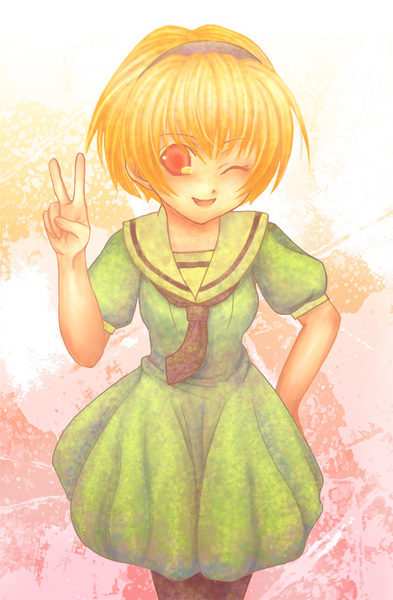 kogonta, houjou satoko, higurashi no naku koro ni, image sample, md5 mismatch, pixiv sample, resolution mismatch, source larger, 00s, 1girl, blonde hair, dress, female focus, one eye closed, pantyhose, red eyes, sailor dress, solo, v, wink