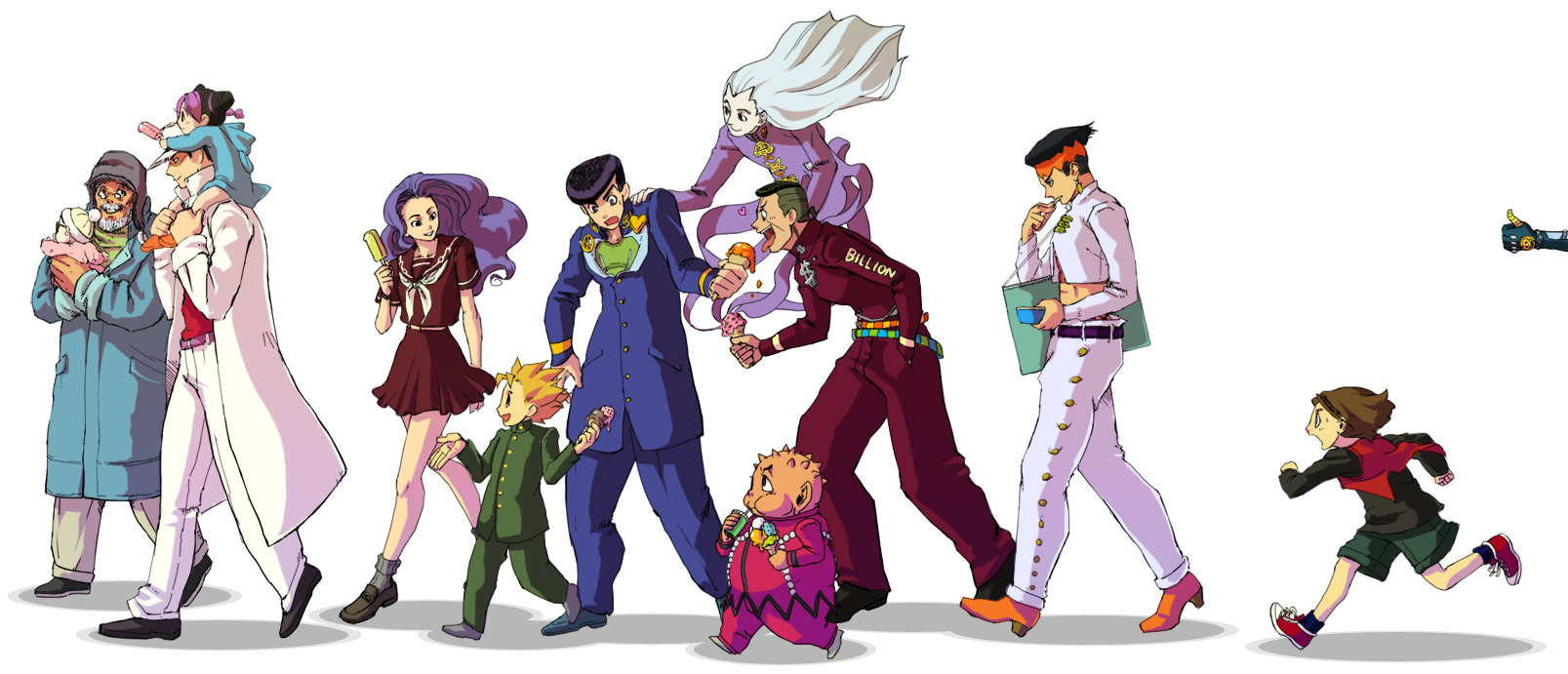hazekura mikitaka, higashikata josuke, hirose koichi, joseph joestar, joseph joestar (old), kawajiri hayato, killer queen, kishibe rohan, kuujou jolyne, kuujou joutarou, nijimura okuyasu, shizuka joestar, yamagishi yukako, yangu shigekiyo, diamond is not crash, jojo no kimyou na bouken, highres, 3girls, 6+boys, abs, aged down, alien, baby, beard, belt, black hair, blonde hair, carrying, child, double bun, drink, earflap hat, earrings, facial hair, father and son, food, full body, gakuran, glasses, hair bun, hat, headband, ice cream, jewelry, long coat, long hair, midriff, multiple boys, multiple girls, peaked cap, pompadour, popsicle, purple hair, running, school uniform, serafuku, shoes, shorts, shoulder carry, smile, sneakers, socks, stand (jojo), sweatdrop, thumbs up, time paradox, tongue, walking, white hair