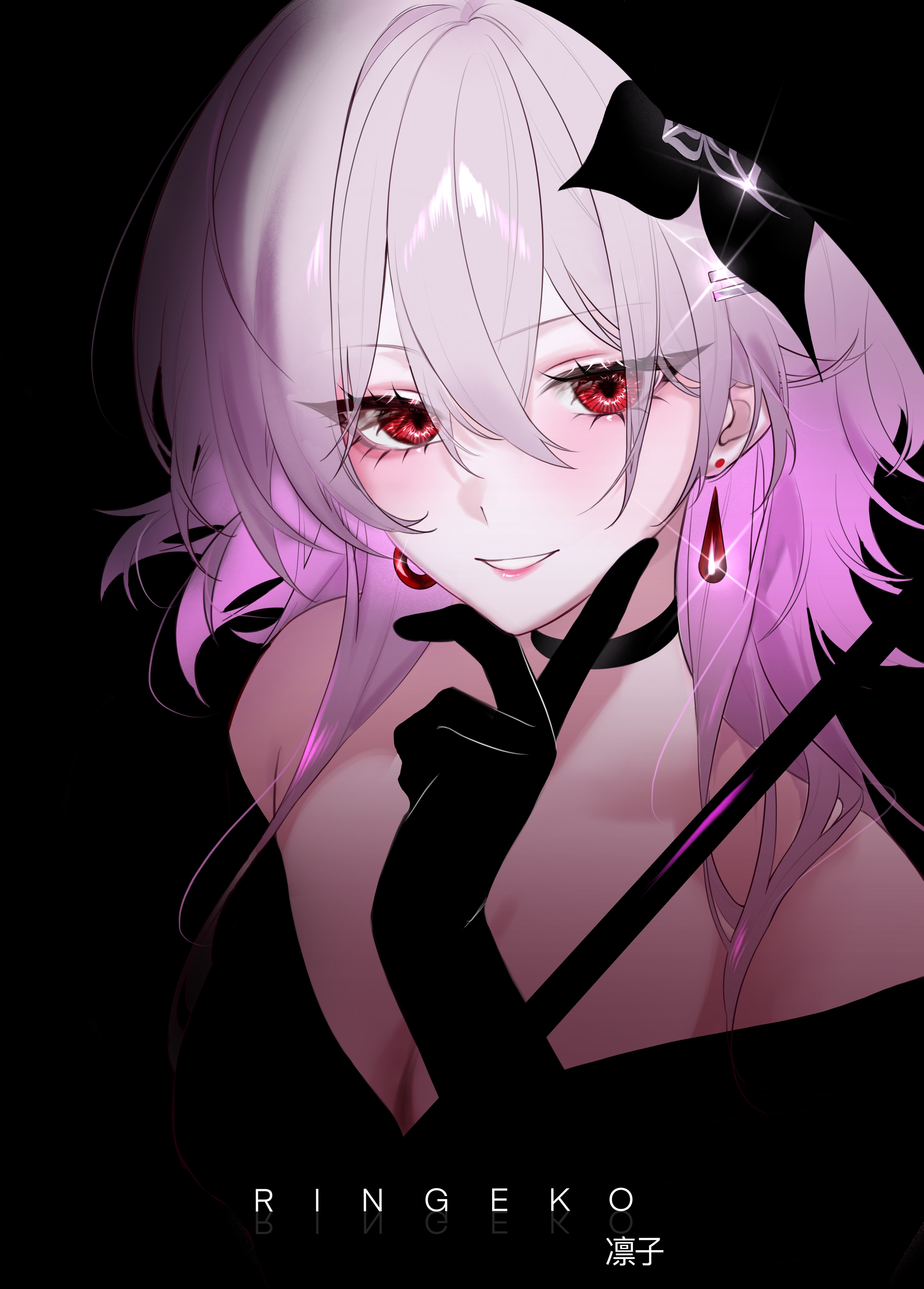 ringeko-chan, evernight (honkai: star rail), march 7th (honkai: star rail), honkai: star rail, honkai (series), absurdres, commentary, english commentary, highres, 1girl, artist name, black choker, black flower, breasts, choker, cleavage, earrings, flower, hair between eyes, hair flower, hair ornament, hand on own chin, hand up, jewelry, long hair, looking at viewer, medium breasts, parted lips, pink hair, red eyes, smile, solo