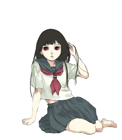 369 (michirin), enma ai, jigoku shoujo, bad id, bad pixiv id, lowres, 00s, 1girl, black hair, blunt bangs, female focus, full body, hime cut, red eyes, school uniform, serafuku, simple background, sitting, solo, white background