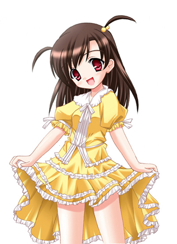 kenkou toshikou, katsura kokoro, school days, lowres, 00s, 1girl, brown hair, dress, female focus, frills, red eyes, short twintails, solo, twintails