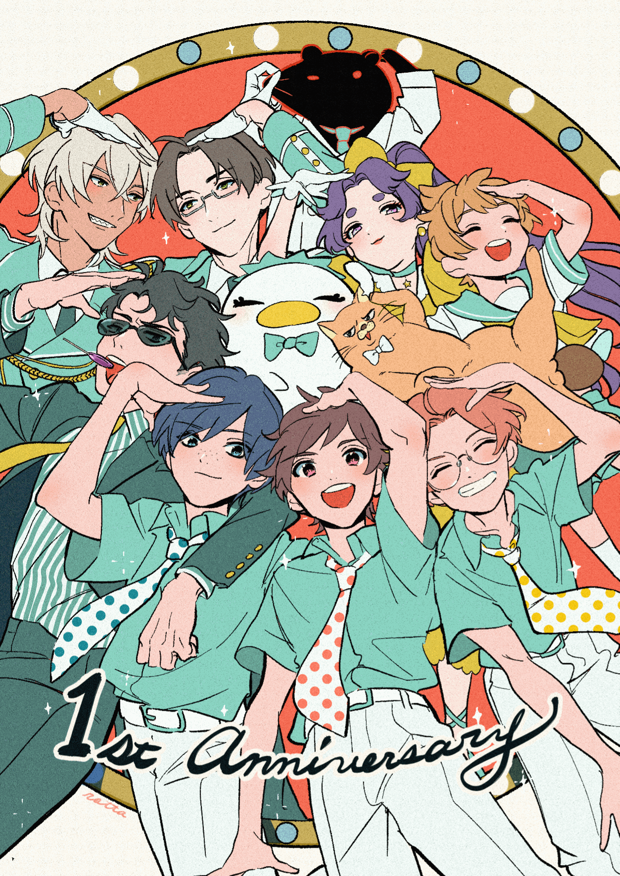 akutsu mabu, azuma sara, jinnai enta, keppi, kuji chikai, kuji toi, niiboshi reo, yasaka kazuki, sarazanmai, commentary request, highres, 1girl, 6+boys, anniversary, belt, black hair, blue hair, blue jacket, blue shirt, bow, bowtie, brown hair, candy, cat, cat testicles, closed mouth, elbow blush, food, freckles, glasses, gloves, grey hair, grin, jacket, lollipop, long sleeves, multiple boys, necktie, nyantaro (sarazanmai), open mouth, orange cat, otter, pants, parted lips, polka dot necktie, purple hair, rectangular eyewear, round eyewear, shaaark rotta03, shirt, short hair, smile, striped clothes, striped shirt, sunglasses, white gloves, white pants, yasaka haruka, yellow necktie