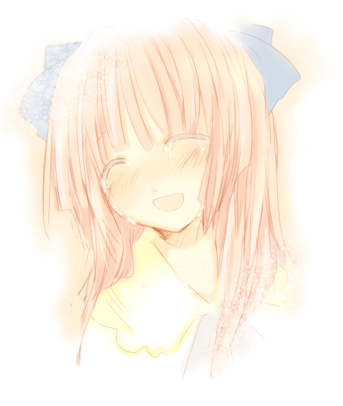 mariko (elfen lied), elfen lied, 00s, ^ ^, blouse, blunt bangs, closed eyes, hair ribbon, long hair, open mouth, pink hair, ribbon, shirt, smile, solo, tears, yellow shirt