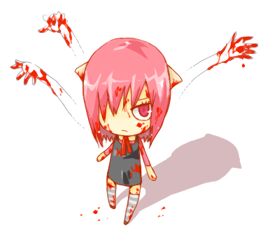 kaede (character), lucy (elfen lied), elfen lied, lowres, 00s, blood, chibi, dress, horns, pink hair, red eyes, solo, striped clothes, striped thighhighs, thighhighs, vectors