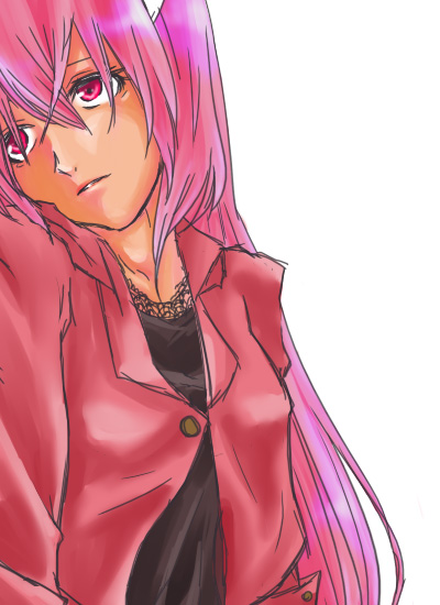 kiyoshi-konoyoru, kaede (character), lucy (elfen lied), elfen lied, magenta eyes, bad id, bad pixiv id, 00s, horns, jacket, lace, long hair, pink eyes, pink hair, solo