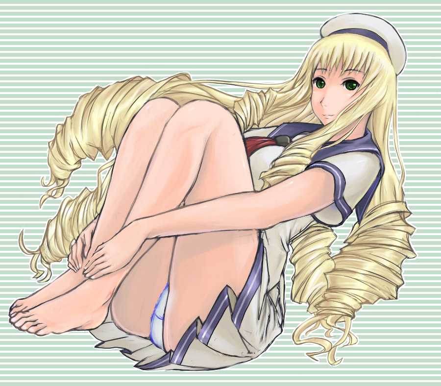 nomiya37564, adilisia lenn mathers, rental magica, 00s, 1girl, barefoot, beret, blonde hair, drill hair, feet, female focus, full body, green eyes, hair ornament, hairclip, hat, hugging own legs, legs, long hair, panties, pantyshot, school uniform, serafuku, sitting, skirt, solo, underwear