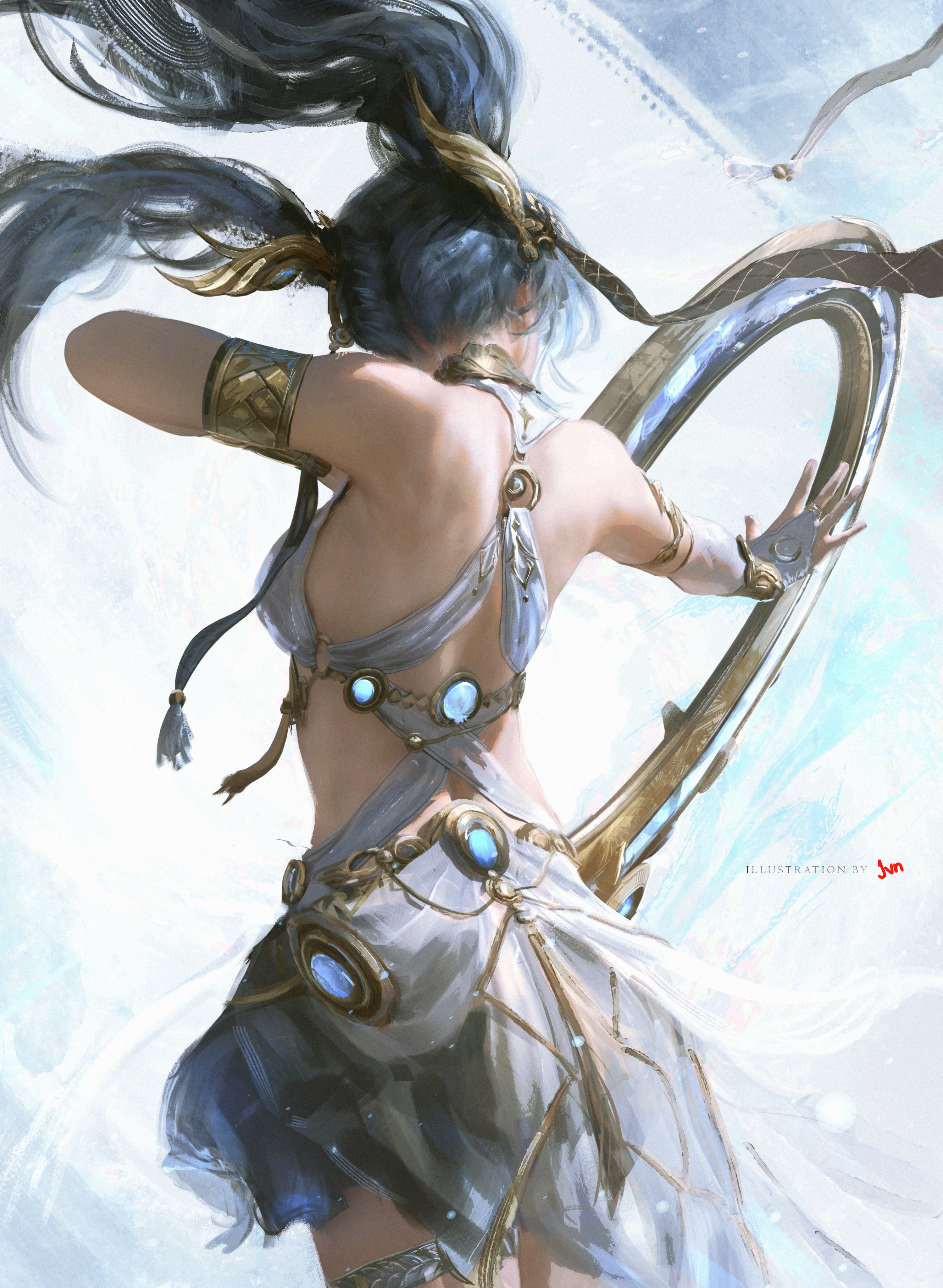 jvn, iuno (wuthering waves), wuthering waves, absurdres, commentary, english commentary, highres, 1girl, ancient greek clothes, armlet, artist name, back, bare shoulders, blue hair, breasts, bridal gauntlets, cowboy shot, english text, facing ahead, floating hair, from behind, greco-roman clothes, jewelry, long hair, medium breasts, outstretched arm, solo, thighlet, twintails, white bridal gauntlets