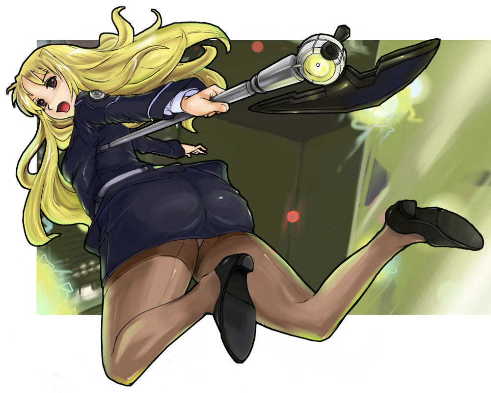 nomiya37564, bardiche (nanoha), fate testarossa, lyrical nanoha, mahou shoujo lyrical nanoha, mahou shoujo lyrical nanoha strikers, 00s, 1girl, ass, back-seamed legwear, blonde hair, brown eyes, female focus, formal clothes, high heels, jacket, legs, long hair, miniskirt, panties, panties under pantyhose, pantyhose, pencil skirt, seamed legwear, shoes, skirt, skirt suit, solo, staff, suit, underwear, upskirt, weapon