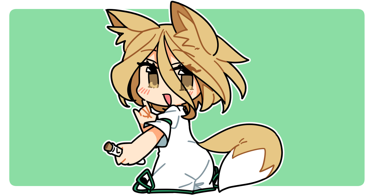 ini (inunabe00), kudamaki tsukasa, touhou, commentary, 1girl, :d, animal ear fluff, animal ears, blonde hair, blush, border, chibi, chibi only, cowboy shot, fox ears, fox girl, fox tail, green background, green ribbon, hair between eyes, holding, holding test tube, looking at viewer, open mouth, outline, outside border, ribbon, romper, short hair, short sleeves, simple background, sleeve ribbon, smile, solo, tail, test tube, white border, white outline, white romper