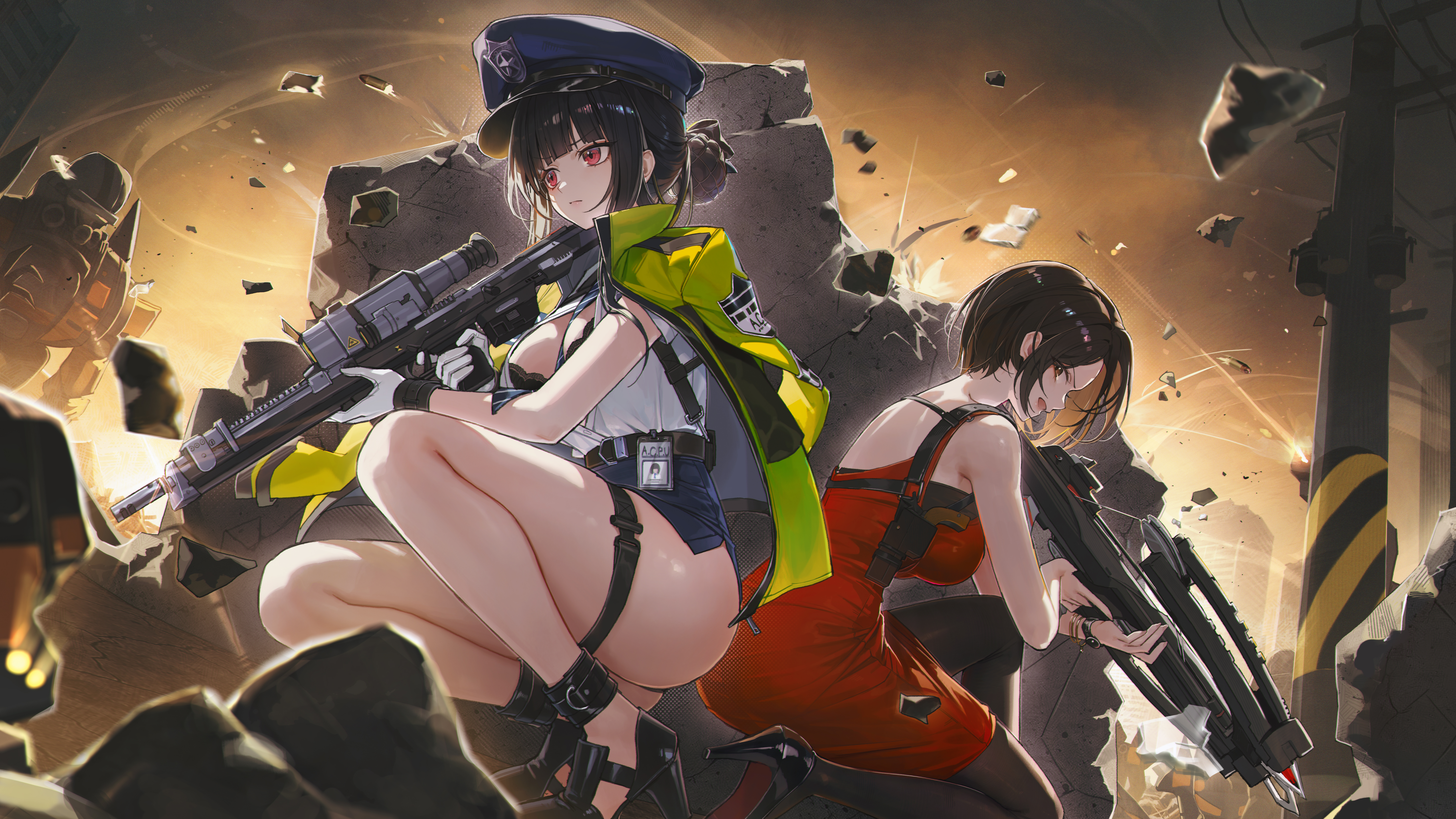 meoyo, ada wong, d (killer wife) (secret police) (nikke), d (nikke), goddess of victory: nikke, resident evil, absurdres, commentary, highres, 2girls, black bra, black hair, black shoes, blue hat, bow (weapon), bra, breasts, cleavage, crossbow, dress, dsr-1, gloves, gun, hair bun, hat, high heels, holding, holding gun, holding weapon, jacket, jacket on shoulders, large breasts, multiple girls, official alternate costume, police hat, red dress, red eyes, rifle, shirt, shoes, sideways glance, single hair bun, sleeveless, sleeveless dress, sniper rifle, squatting, thick thighs, thigh strap, thighs, underwear, weapon, white gloves, white shirt, yellow jacket