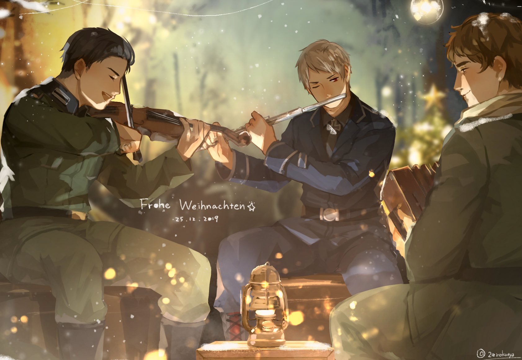 nijuurokucha, germany (hetalia), prussia (hetalia), russia (hetalia), axis powers hetalia, commentary request, highres, 3boys, alternate hair color, artist name, belt, black belt, black boots, black hair, black necktie, black shirt, blue jacket, blue pants, blue sky, blurry, blurry background, boots, bow (music), box, breast pocket, brothers, brown hair, closed eyes, closed mouth, collared jacket, collared shirt, cross, dated, evening, flute, from behind, german text, green jacket, green pants, grey hair, half-closed eyes, hands up, holding, holding bow (music), holding flute, holding instrument, holding violin, instrument, iron cross, jacket, lantern, lapels, long sleeves, looking at another, male focus, multiple boys, music, necktie, one eye closed, open mouth, outdoors, pants, playing flute, playing instrument, pocket, purple eyes, red eyes, scarf, shirt, short hair, siblings, sitting, sky, smile, spread legs, star (symbol), teeth, tree, violin, white scarf