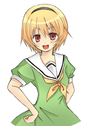 houjou satoko, higurashi no naku koro ni, lowres, 00s, blonde hair, dress, red eyes, sailor dress, solo
