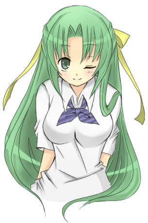 sonozaki shion, higurashi no naku koro ni, lowres, 00s, 1girl, female focus, green eyes, green hair, half updo, matching hair/eyes, one eye closed, solo, wink
