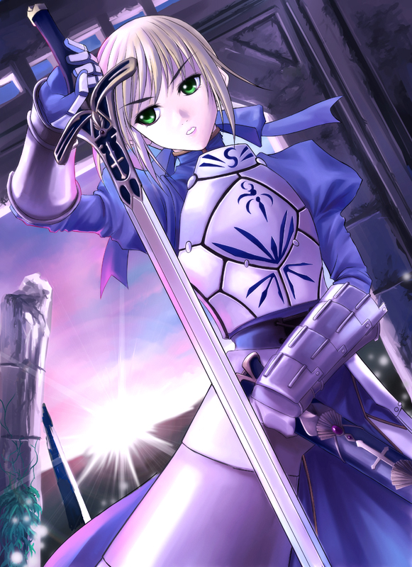 yamagami mozuku, artoria pendragon (fate), saber (fate), fate/stay night, fate (series), bad id, bad pixiv id, 00s, armor, armored dress, blonde hair, dress, green eyes, solo, sword, weapon