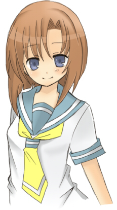 ryuuguu rena, higurashi no naku koro ni, lowres, 00s, 1girl, blue eyes, brown hair, female focus, orange hair, school uniform, serafuku, short hair, simple background, solo, standing, upper body, white background
