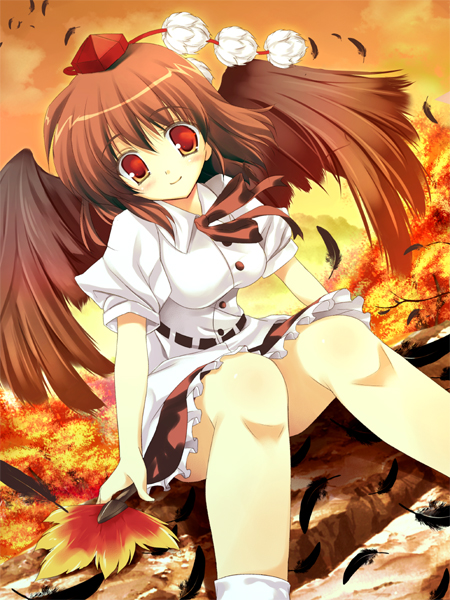 natsuki (pixiv 3305), natsuki shuri, shameimaru aya, touhou, 1girl, autumn, black hair, black wings, dutch angle, feathers, female focus, hand fan, hat, ribbon, short hair, sitting, skirt, smile, solo, sunset, tokin hat, wings
