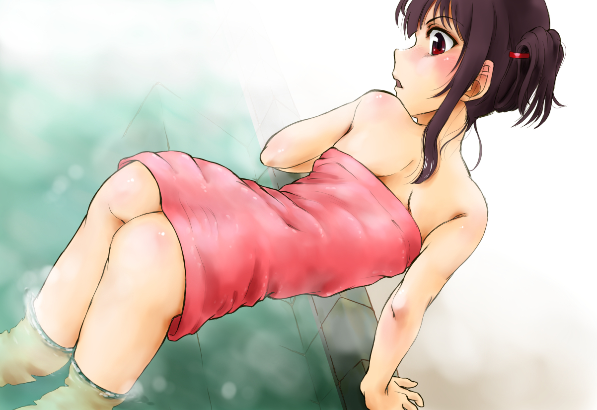 marutaya, megumin, kono subarashii sekai ni shukufuku wo!, commentary request, 1girl, all fours, alternate hairstyle, ass, black hair, blush, bottomless, folded hair, from above, looking back, medium hair, naked towel, partially submerged, red eyes, shoulder blades, solo, thighs, towel, wet towel