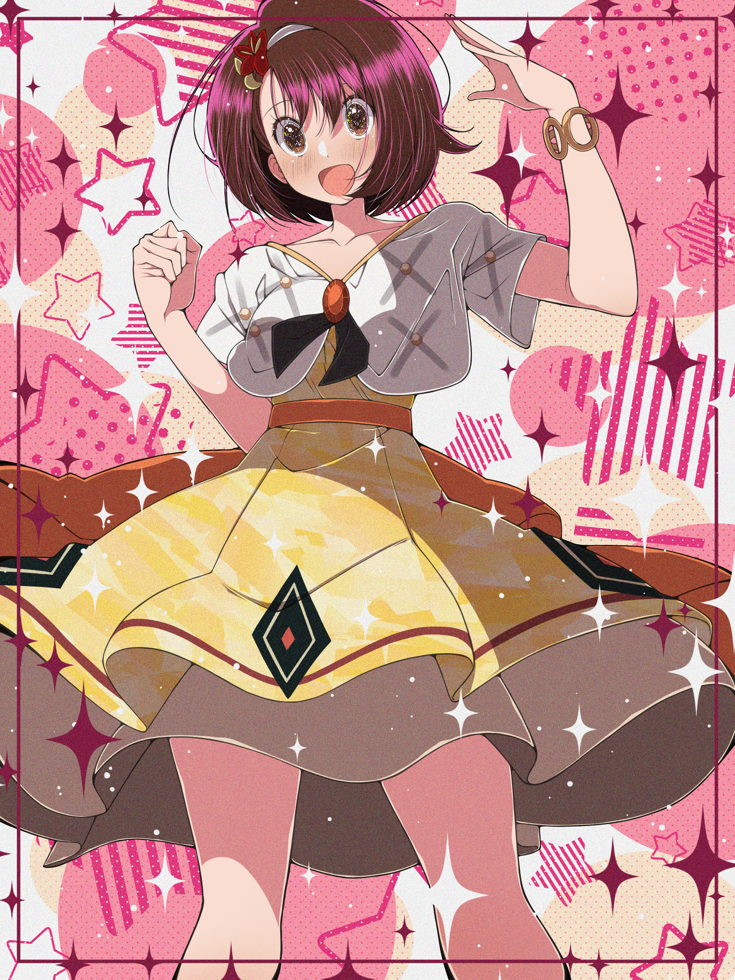 fujiwara hiro (kaede ciao), gloria (anniversary 2025) (pokemon), gloria (pokemon), nintendo, pokemon, pokemon masters ex, commentary request, highres, 1girl, :d, bracelet, brown eyes, brown hair, collarbone, dress, flower, hair flower, hair ornament, hands up, happy, jacket, jewelry, official alternate costume, open mouth, red flower, short hair, smile, solo, sparkle, yellow dress