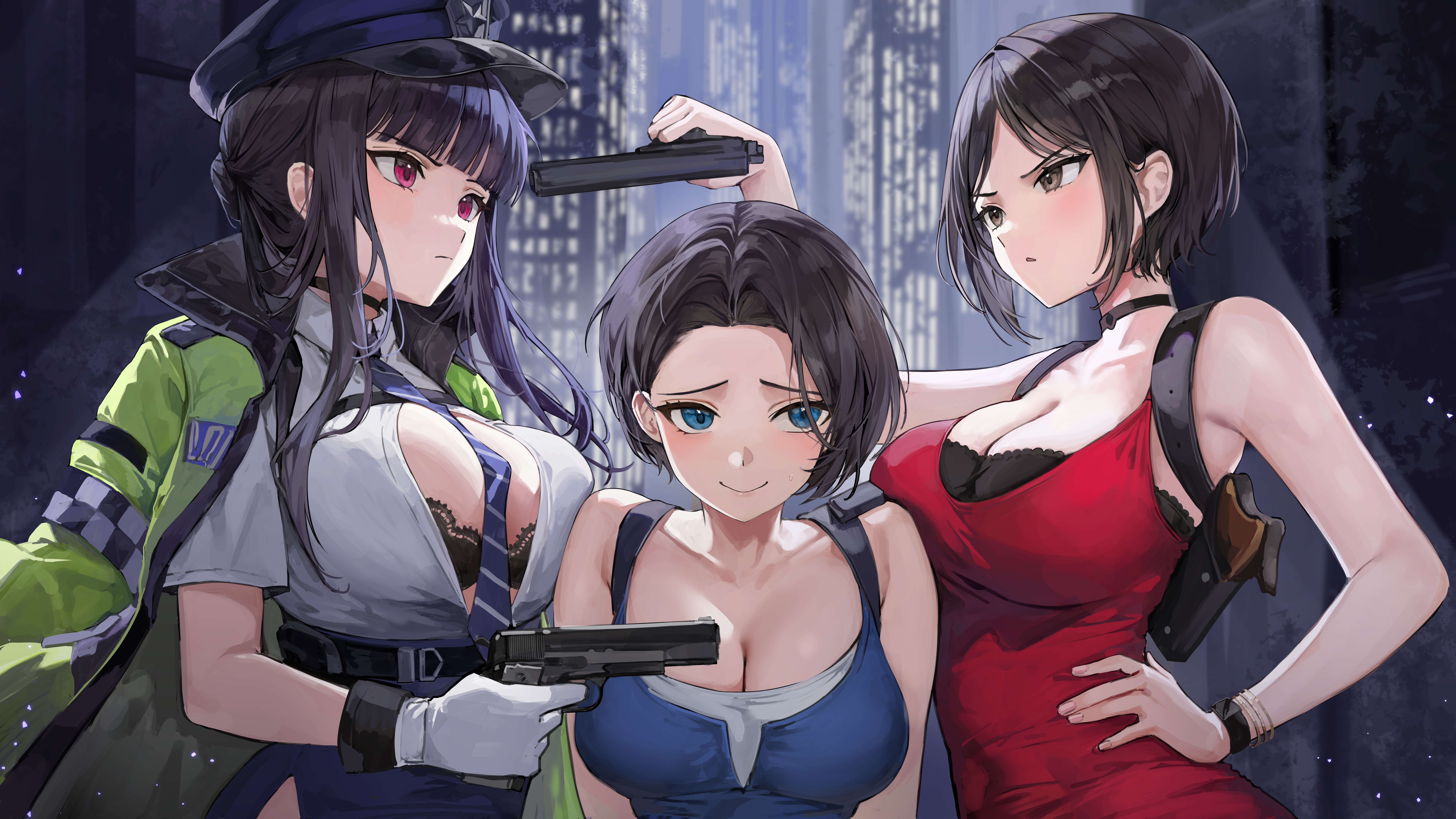 lillly, ada wong, d (killer wife) (nikke), d (killer wife) (secret police) (nikke), d (nikke), jill valentine, goddess of victory: nikke, resident evil, absurdres, commentary request, highres, incredibly absurdres, 3girls, aiming, aiming at another, arm up, bare shoulders, belt, between breasts, black belt, black bra, black choker, black hair, black hat, blue eyes, blue necktie, blue tank top, blunt bangs, bra, bra peek, bracelet, breasts, brown eyes, brown hair, chest harness, choker, cleavage, closed mouth, collarbone, covered navel, crossover, dress, face-to-face, frown, gloves, green jacket, gun, hand on own hip, handgun, harness, hat, high-waist skirt, holding, holding gun, holding weapon, holster, jacket, jacket on shoulders, jewelry, large breasts, long hair, m1911, multiple girls, necktie, necktie between breasts, official alternate costume, parted bangs, parted lips, partially unbuttoned, police, police hat, police uniform, policewoman, red dress, red eyes, shirt, short hair, short sleeves, shoulder holster, sidelocks, skirt, smile, standing, tank top, underwear, upper body, weapon, white gloves, white shirt