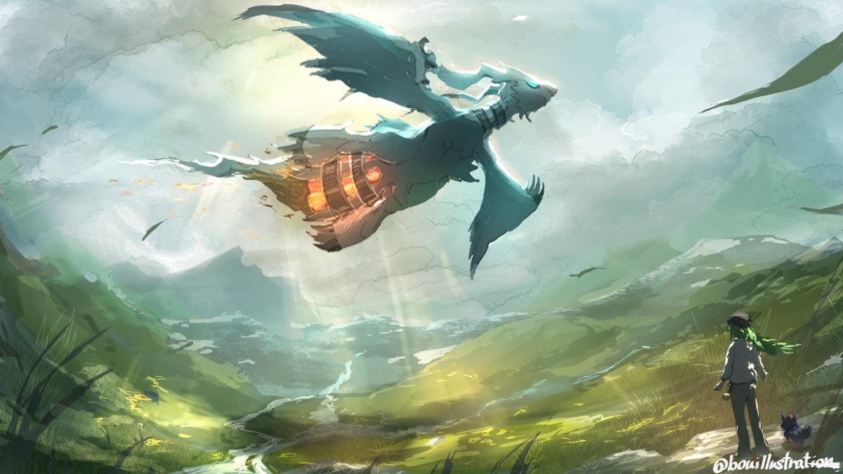 bo (bouillustration), n (pokemon), reshiram, zorua, nintendo, pokemon, pokemon bw, mixed-language commentary, 1boy, cloud, cloudy sky, day, falling leaves, floating hair, gen 5 pokemon, grass, green hair, hat, leaf, legendary pokemon, long hair, male focus, outdoors, pants, pokemon (creature), shirt, sky, standing, twitter username