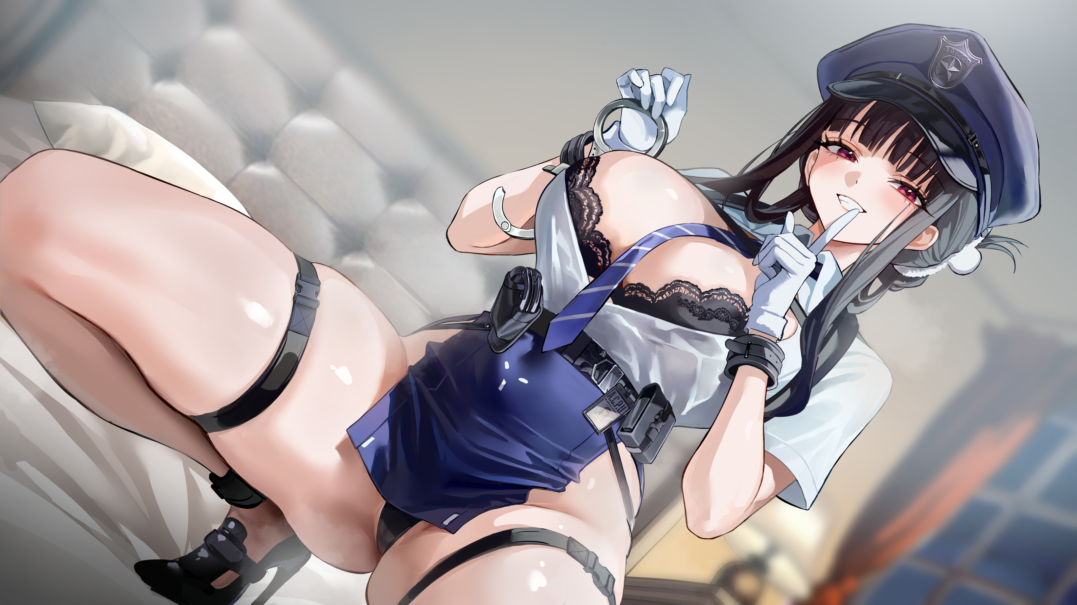 mell (dmwe3537), d (killer wife) (nikke), d (killer wife) (secret police) (nikke), d (nikke), goddess of victory: nikke, absurdres, commentary request, highres, 1girl, bed sheet, between breasts, black bra, black hair, black panties, blue hat, blue skirt, blurry, blurry background, blush, bra, breasts, center opening, cleavage, covered navel, cuffs, finger to mouth, gloves, grin, hair bun, handcuffs, hat, holding, holding handcuffs, index finger raised, indoors, large breasts, long hair, looking at viewer, necktie, necktie between breasts, on bed, panties, pelvic curtain, police, police hat, police uniform, policewoman, red eyes, shirt, short sleeves, shushing, sidelocks, single hair bun, skirt, smile, solo, squatting, thick thighs, thighs, underwear, white gloves, white shirt