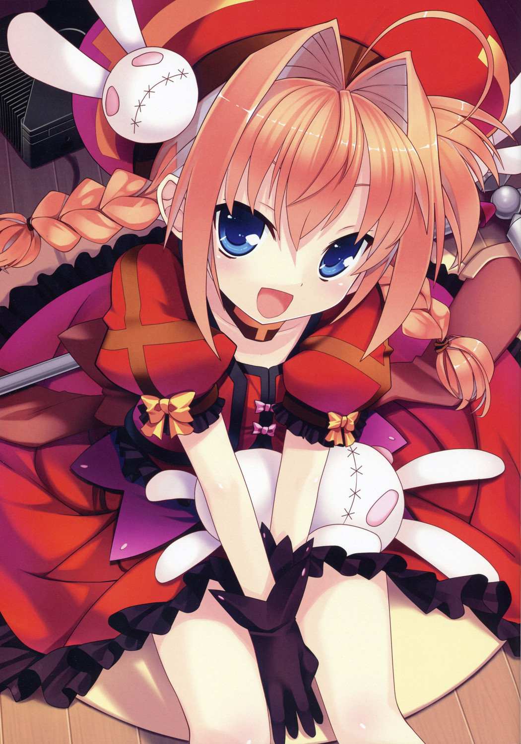 himukai kyousuke, hinata kyousuke, vita (nanoha), lyrical nanoha, mahou shoujo lyrical nanoha, mahou shoujo lyrical nanoha a's, highres, 00s, 1girl, ahoge, beret, blue eyes, bow, braid, brown hair, child, cover, cover page, dress, female focus, flat chest, game console, happy, hat, long hair, mallet, orange hair, rabbit, sitting, solo, stuffed animal, stuffed rabbit, stuffed toy, twin braids, xbox (original)