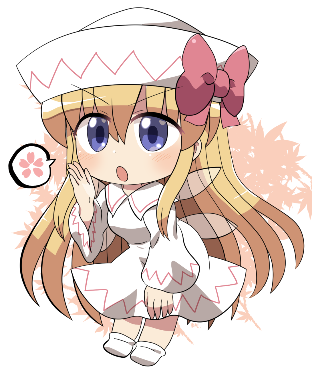 rokugou daisuke, lily white, touhou, commentary, highres, 1girl, :o, blonde hair, blue eyes, blush, bow, chibi, chibi only, dress, fairy wings, full body, hair between eyes, hand up, hat, hat bow, long hair, long sleeves, looking at viewer, open mouth, petals, red bow, signature, socks, solo, speech bubble, standing, v-shaped eyebrows, white dress, white hat, white socks, wide sleeves, wings