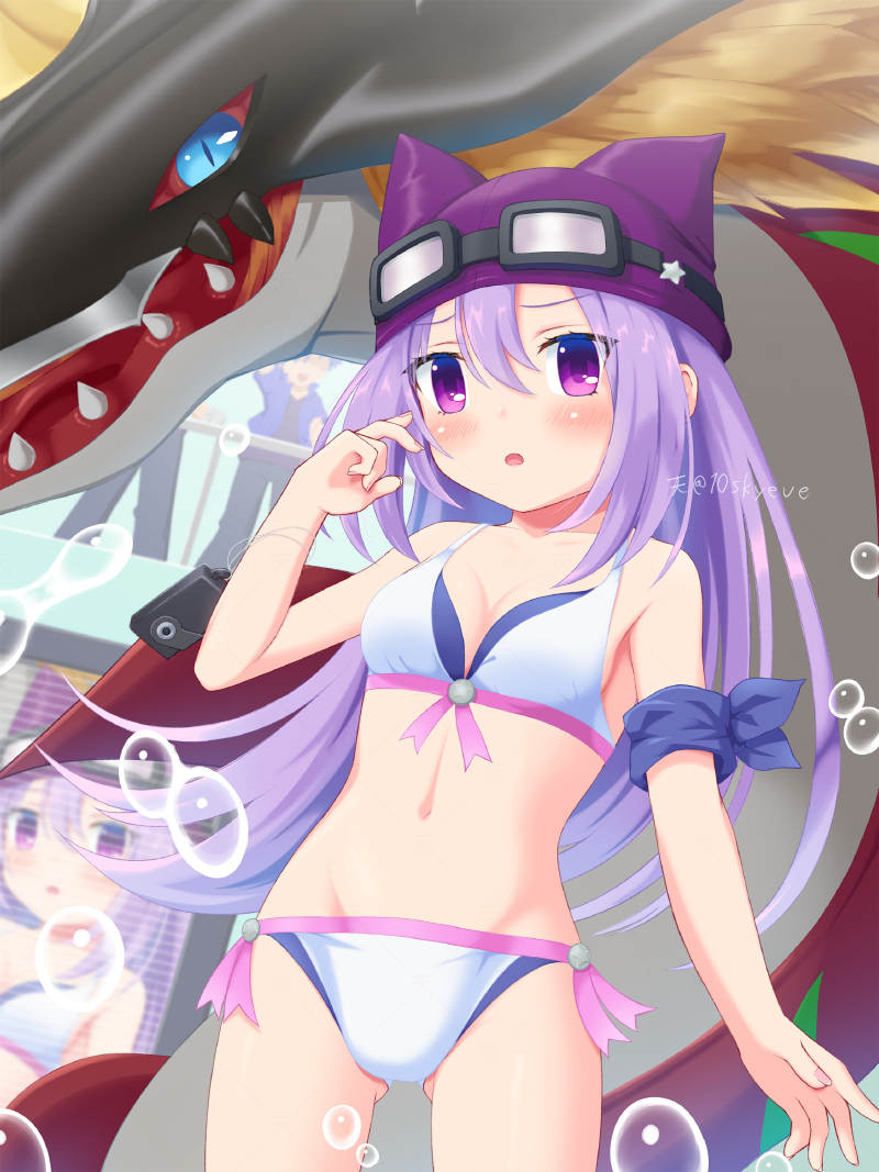 megaseadramon, sayo (digimon), digimon, digimon story: sunburst and moonlight, bikini, goggles, goggles on head, hat, long hair, pixiv user (390138), purple eyes, purple hair, swimsuit