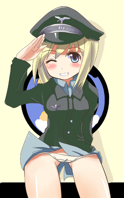 comord, komoodo, erica hartmann, strike witches, world witches series, bad id, bad pixiv id, 00s, 1girl, blonde hair, blue eyes, female focus, grin, hat, one eye closed, panties, salute, short hair, smile, solo, underwear, wink