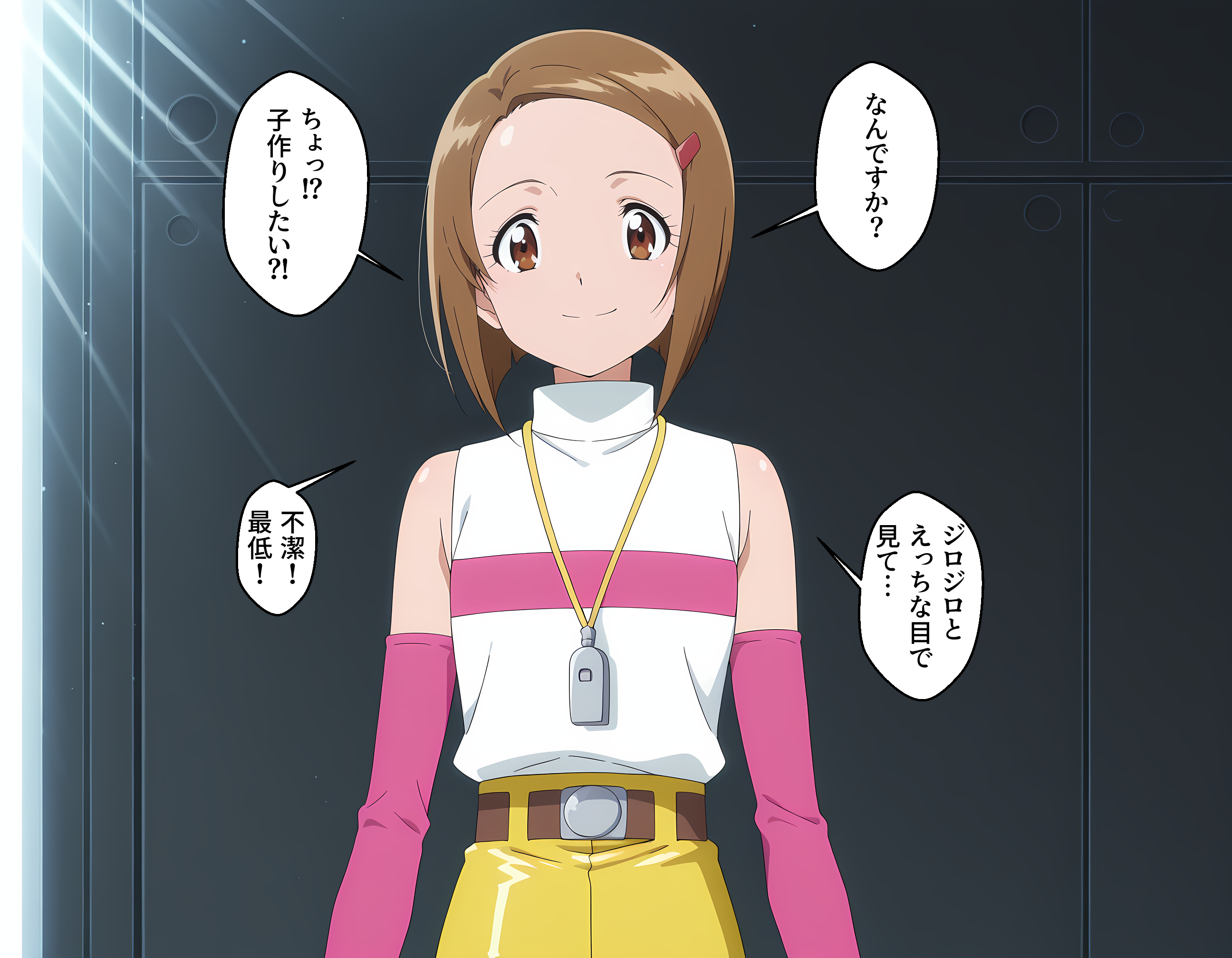 yagami hikari, digimon, translation request, 1girl, belt, looking at viewer, pixiv user (110541221), smile, whistle