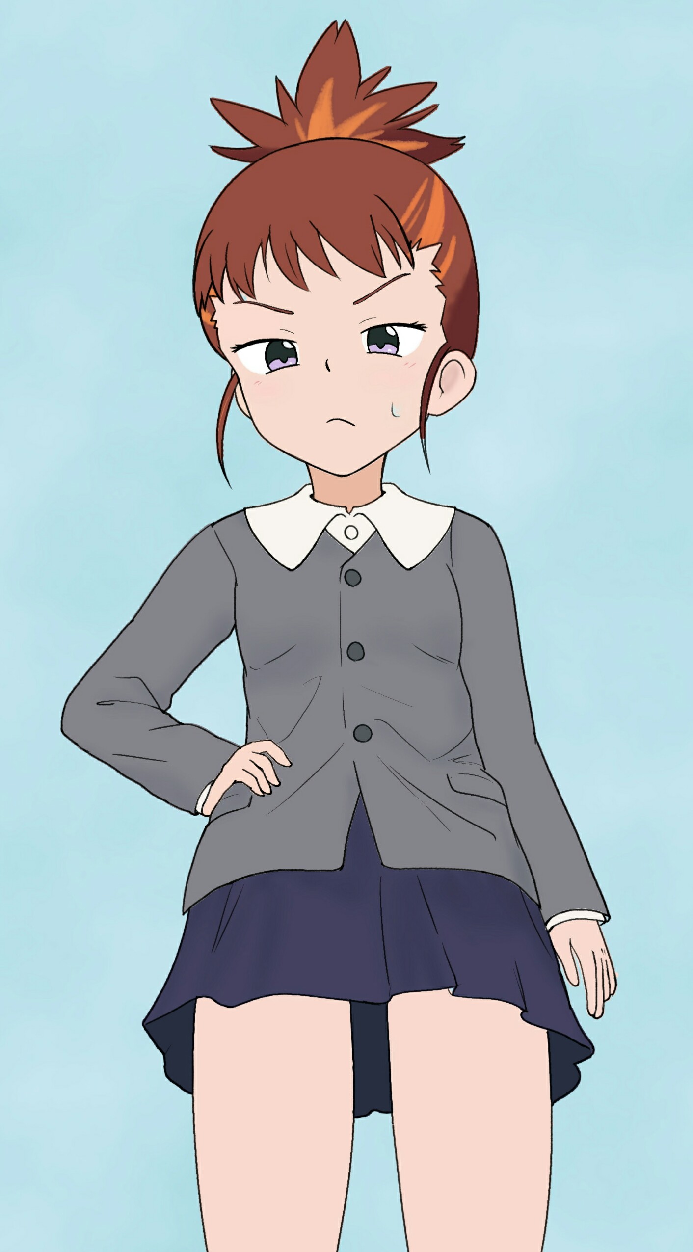 makino ruki, digimon, 1girl, blush, looking at viewer, pixiv user (101551954), school uniform, skirt, sweat