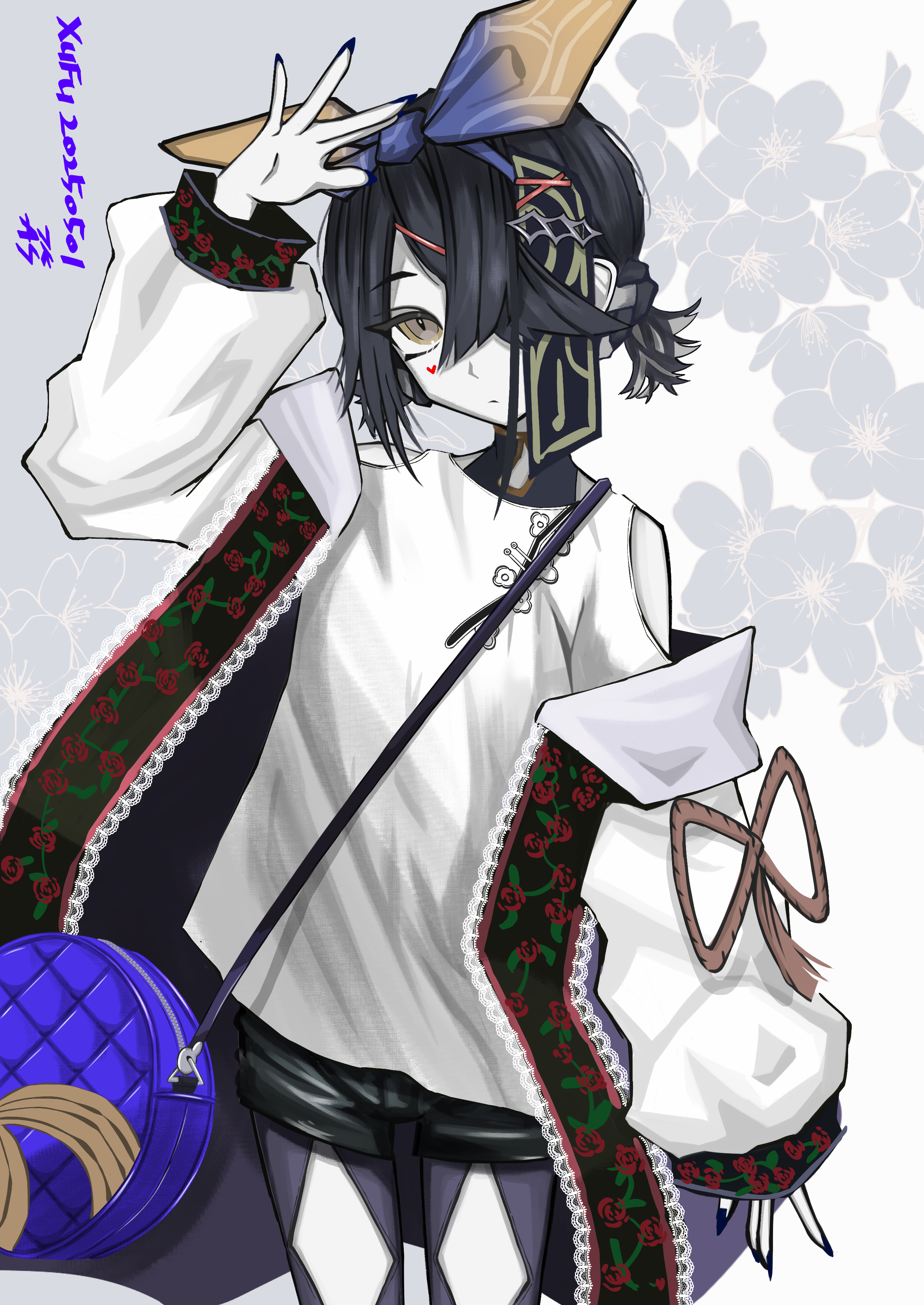 tsukaasa, xu fu (event portrait) (fate), xu fu (fate), fate/grand order, fate (series), absurdres, commentary request, highres, 1girl, black hair, black shorts, blue bag, brown eyes, closed mouth, colored skin, cowboy shot, dated, floral print, floral print jacket, hair ornament, hair over one eye, hand up, jacket, jacket partially removed, long sleeves, looking at viewer, one eye covered, parted bangs, print jacket, shirt, short hair, shorts, solo, white background, white jacket, white shirt, white skin
