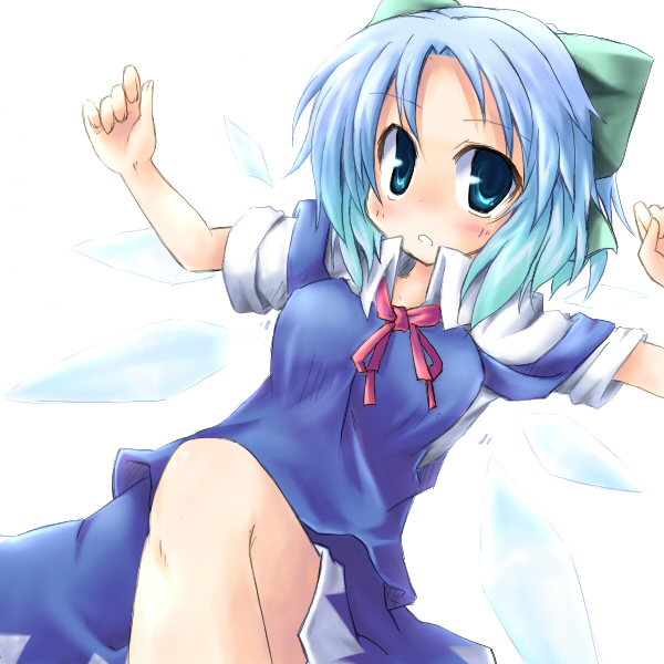 aruha, yuuhi alpha, cirno, shoot the bullet, touhou, 1girl, blue eyes, blue hair, female focus, matching hair/eyes, ribbon, short hair, solo, wings