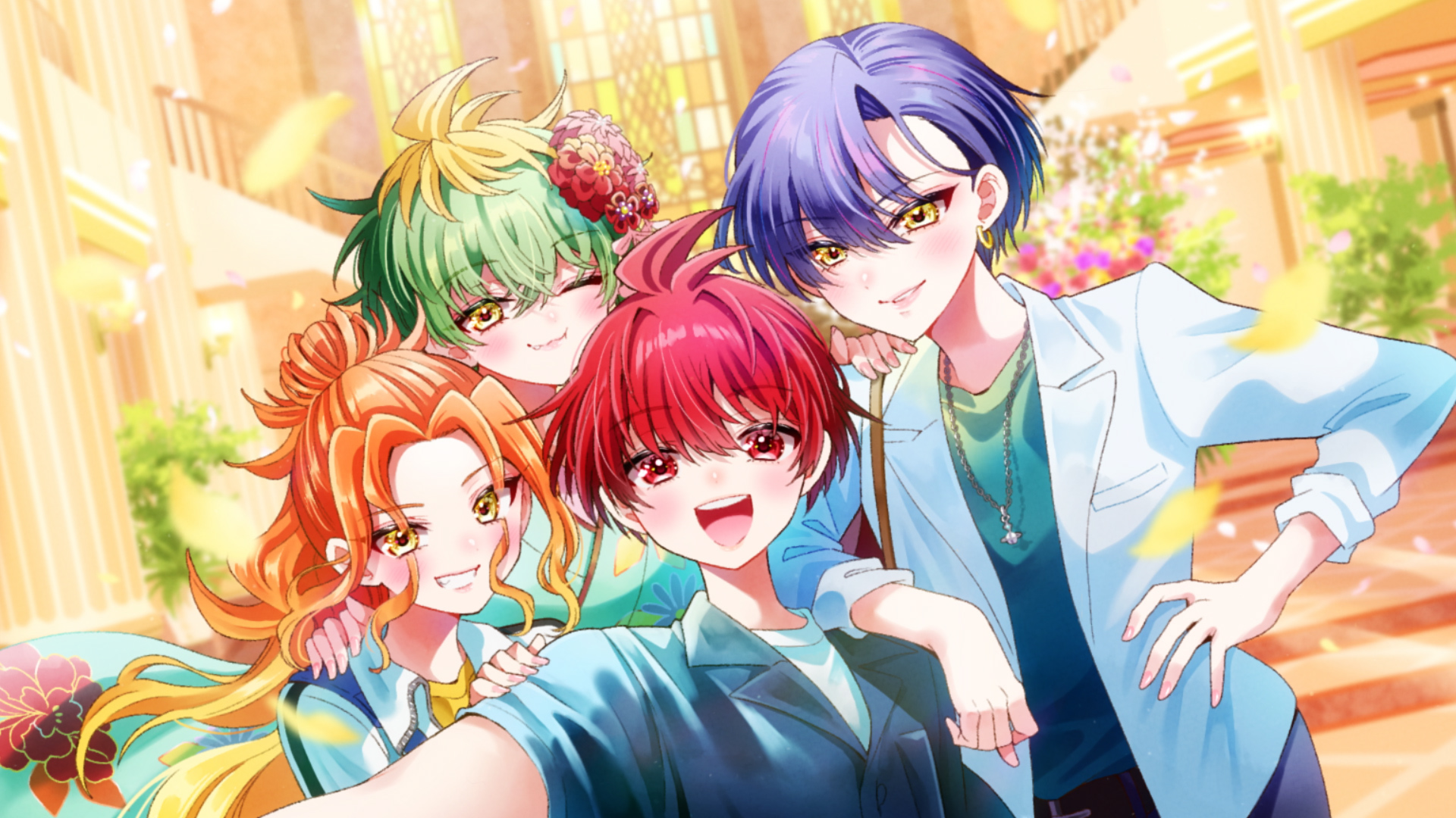 hirakawa aya, ayase yuu (mikadono sanshimai), mikadono kazuki, mikadono miwa, mikadono niko, mikadono sanshimai wa angai choroi, highres, official art, 1boy, 3girls, blonde hair, earrings, green hair, jacket, jewelry, long hair, long sleeves, looking at viewer, multicolored hair, multiple girls, orange hair, purple hair, red eyes, red hair, selfie, shirt, short hair, siblings, sisters, smile, white shirt, yellow eyes