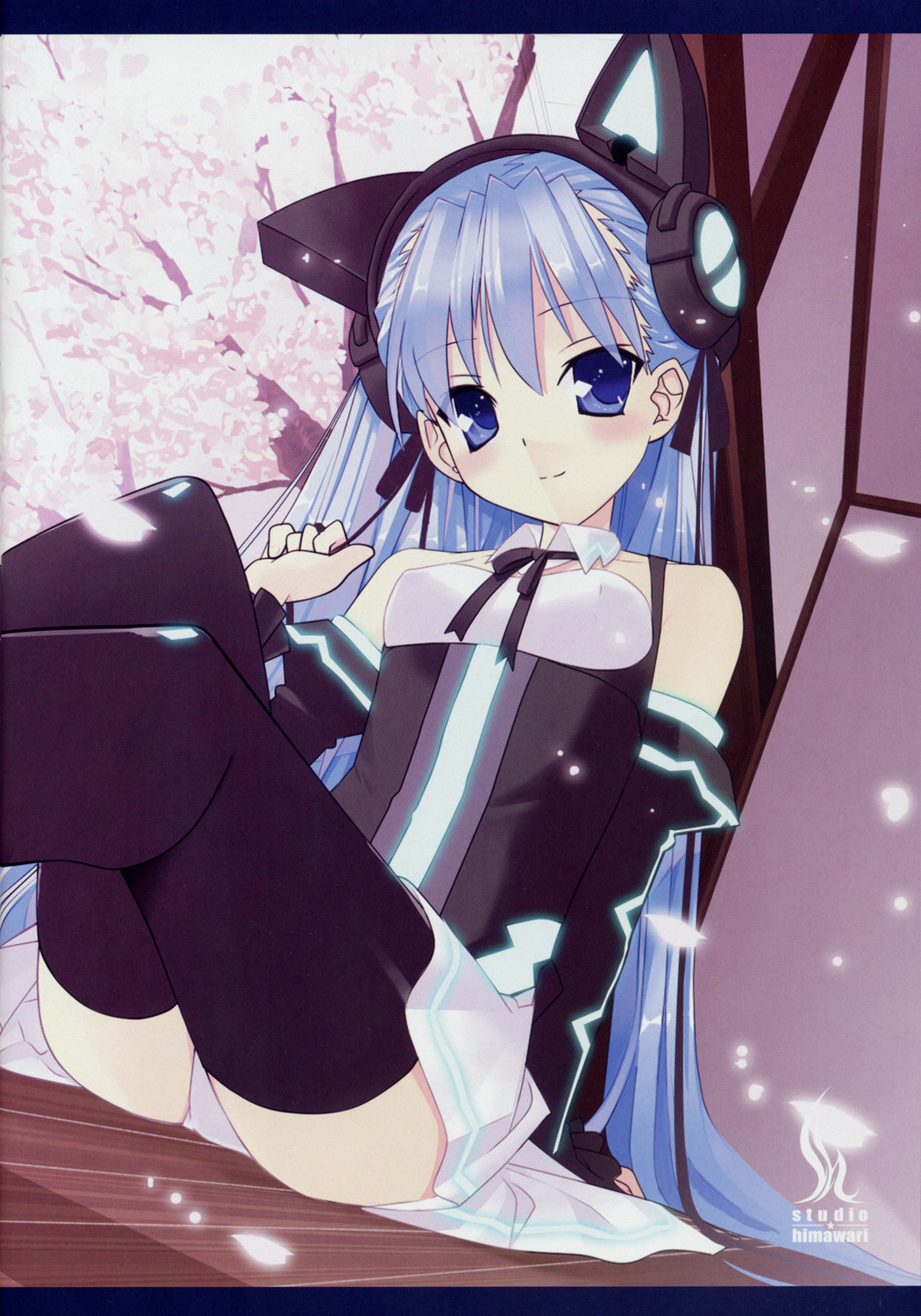 himukai kyousuke, hinata kyousuke, nana (pikopiko), pikopiko koisuru kimochi no nemuru basho, pikopiko ~koisuru kimochi no nemuru basho~, highres, 1girl, animal ears, blue eyes, blue hair, blush, detached sleeves, female focus, long hair, matching hair/eyes, panties, pantyshot, sitting, smile, solo, thighhighs, underwear, white panties