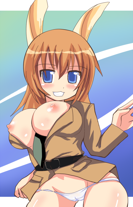 comord, komoodo, charlotte e. yeager, strike witches, world witches series, bad id, bad pixiv id, 00s, 1girl, animal ears, breasts, brown hair, female focus, large breasts, long hair, nipples, panties, rabbit ears, rabbit girl, solo, underwear