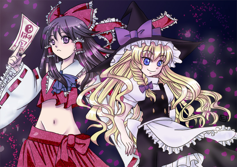 tomomi (mltplus), tomomi (pixiv), hakurei reimu, kirisame marisa, touhou, bad id, bad pixiv id, 2girls, black hair, blonde hair, blue eyes, female focus, groin, hat, japanese clothes, long hair, midriff, miko, multiple girls, purple eyes, ribbon, very long hair, witch, witch hat
