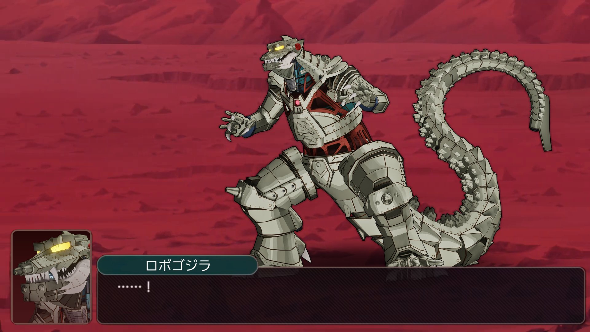 plasmili0, mechagodzilla, robogodzilla, bandai namco, bones (company), godzilla (series), godzilla singular point, orange (company), super robot wars, super robot wars y, toho, highres, …!, claws, crossover, cyborg, dialogue box, fangs, giant, giant monster, giant robot, glowing, glowing eyes, kaiju, mecha, monster, no humans, no pupils, profile picture, robot, sharp teeth, spikes, tail, teeth, yellow eyes