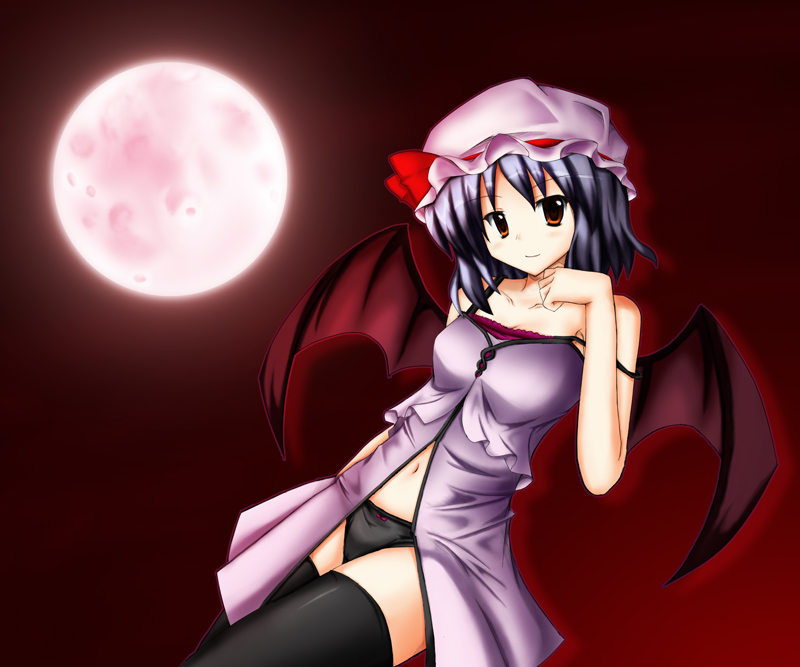 miyabi itsuki, remilia scarlet, touhou, silver hair, 1girl, adapted costume, babydoll, bare shoulders, black panties, blush, collarbone, female focus, full moon, hat, lingerie, looking at viewer, mob cap, moon, panties, short hair, solo, strap slip, thighhighs, underwear, vampire