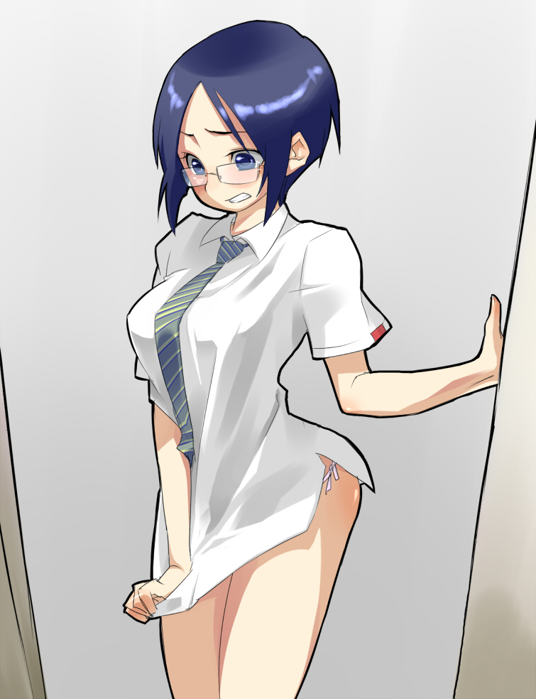 sacchin (yama), ishida uryuu, bleach, gender request, 00s, 1girl, blue eyes, blue hair, blush, bottomless, clenched teeth, clothes pull, covering crotch, covering privates, dress shirt, embarrassed, female focus, genderswap, glasses, looking down, matching hair/eyes, necktie, panties, pantyshot, shirt, shirt pull, shirt tug, short hair, side-tie panties, solo, teeth, underwear