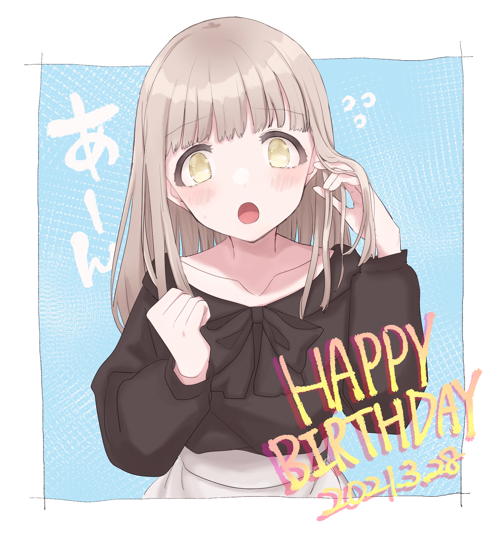 eurasia (wtp09ptw14), original, commentary request, highres, 1girl, black shirt, blonde hair, blue background, blush, border, collarbone, dated, flying sweatdrops, grey hair, hand in own hair, hands up, happy birthday, long hair, long sleeves, looking at viewer, open mouth, outside border, shirt, solo, white border, wispy bangs
