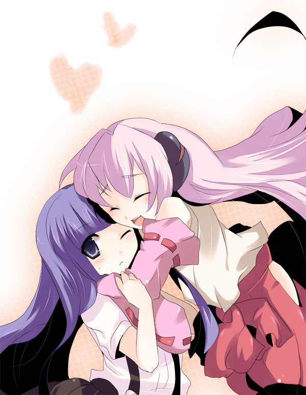 furude rika, hanyuu, higurashi no naku koro ni, 00s, 2girls, blue eyes, blue hair, blush, closed eyes, hakama, hakama skirt, horns, hug, japanese clothes, long hair, multiple girls, purple hair, red hakama, skirt